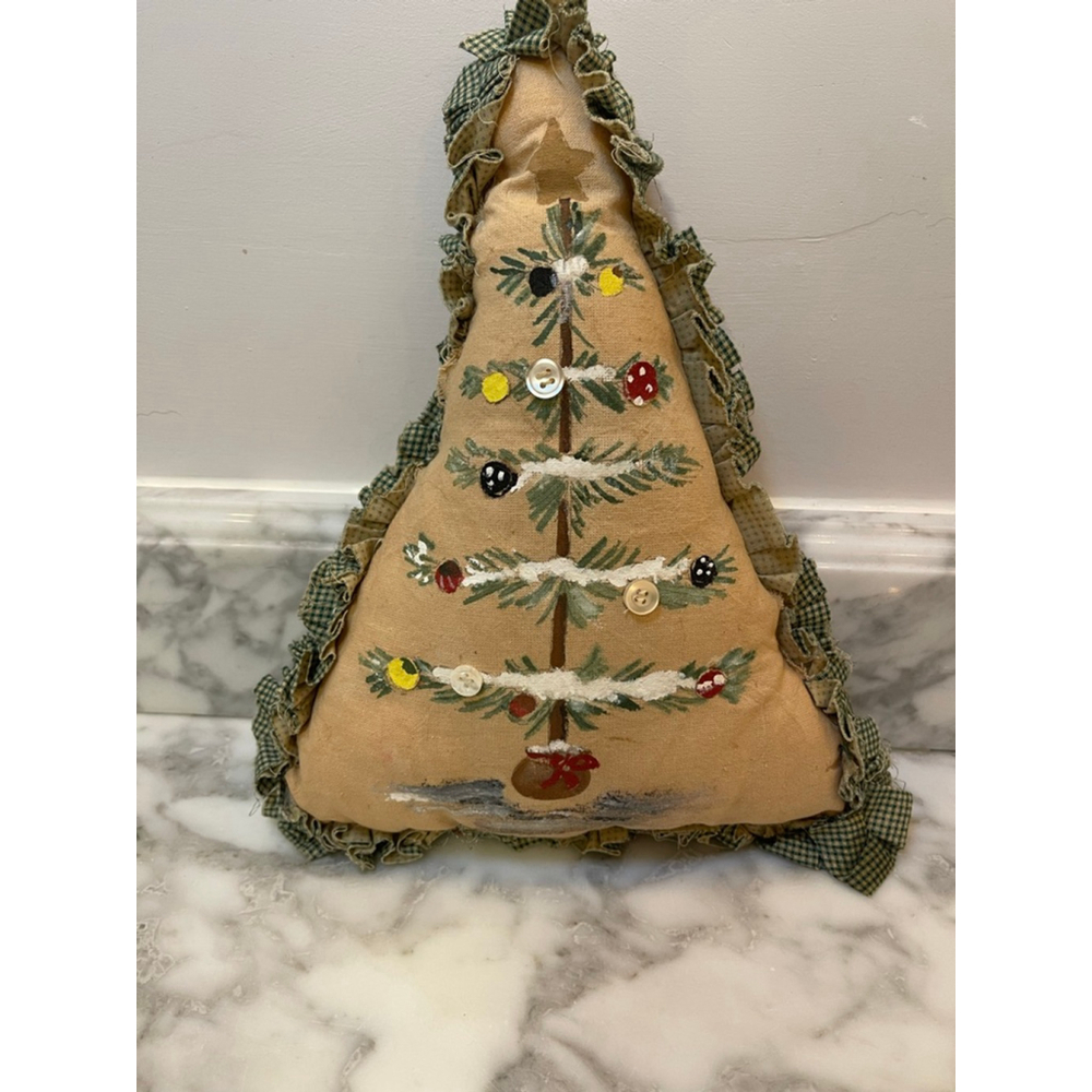Primitive Hand-Painted Christmas Tree Pillow – Rustic Farmhouse Décor – 11x9